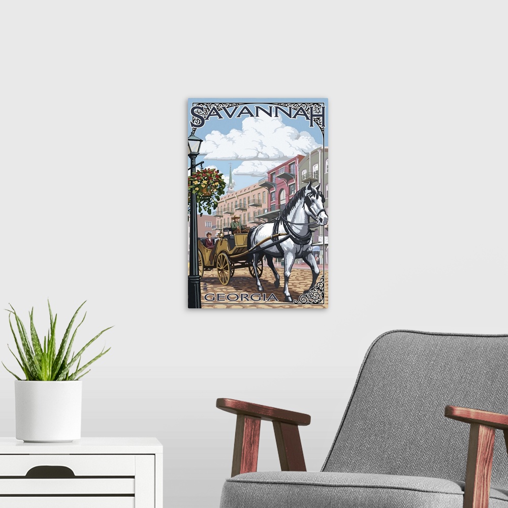 A modern room featuring Retro stylized art poster of a white horse pulling a carriage on a coblestone road
