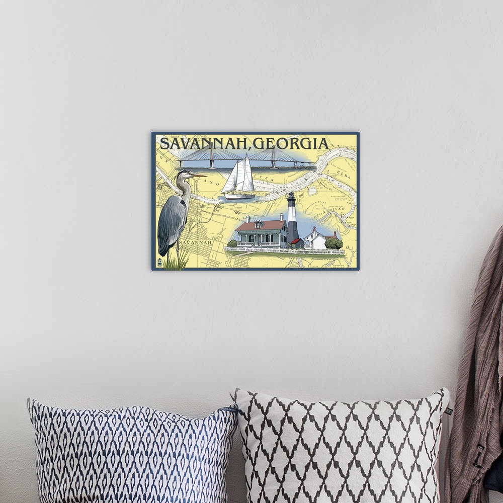 A bohemian room featuring Retro stylized art poster of map with a blue heron, a sailboat and a lighthouse.