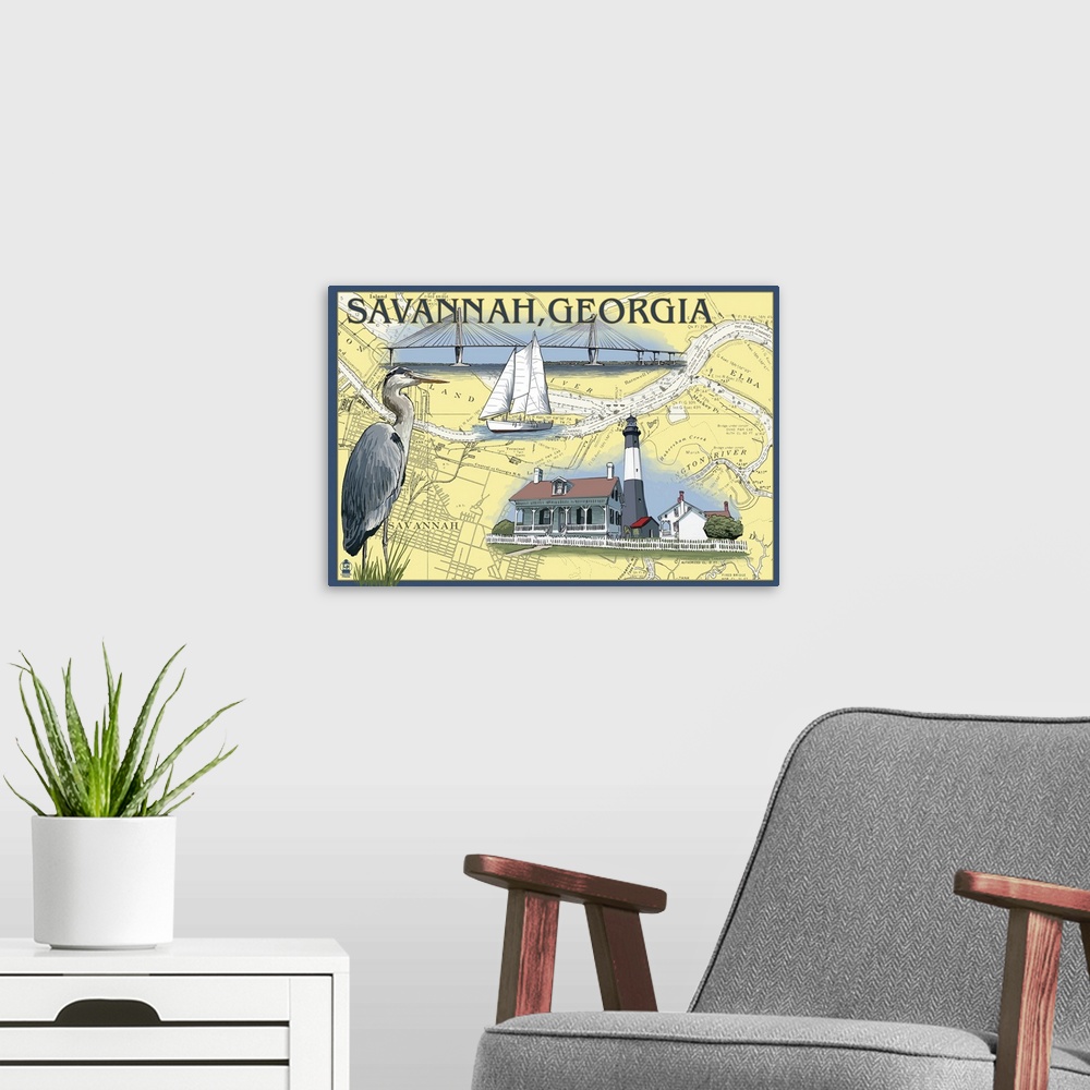 A modern room featuring Retro stylized art poster of map with a blue heron, a sailboat and a lighthouse.