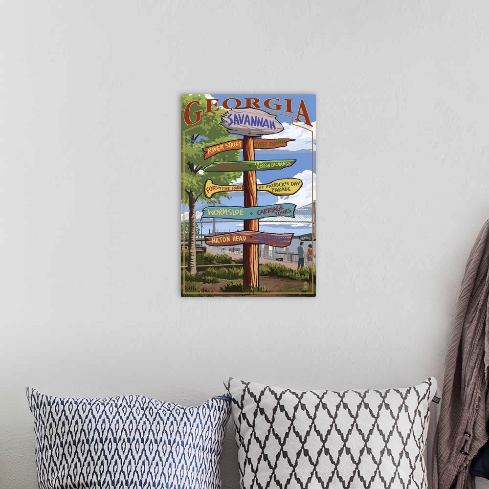 A bohemian room featuring Retro stylized art poster of signpost giving different directions.