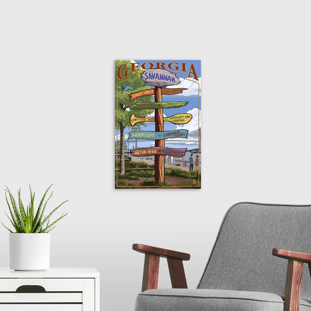 A modern room featuring Retro stylized art poster of signpost giving different directions.