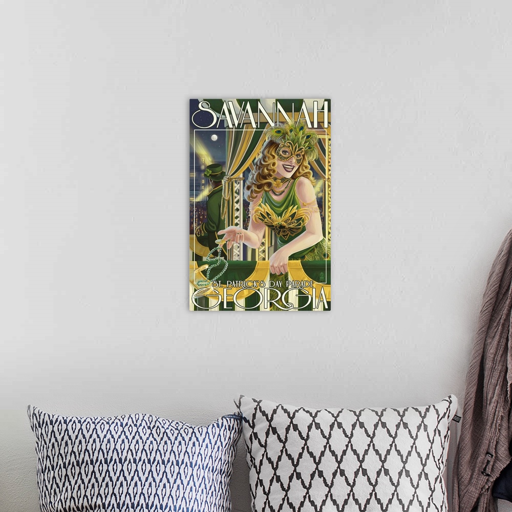 A bohemian room featuring Retro stylized art poster of a woman dressed in a masquerade costume standing on a balcony.