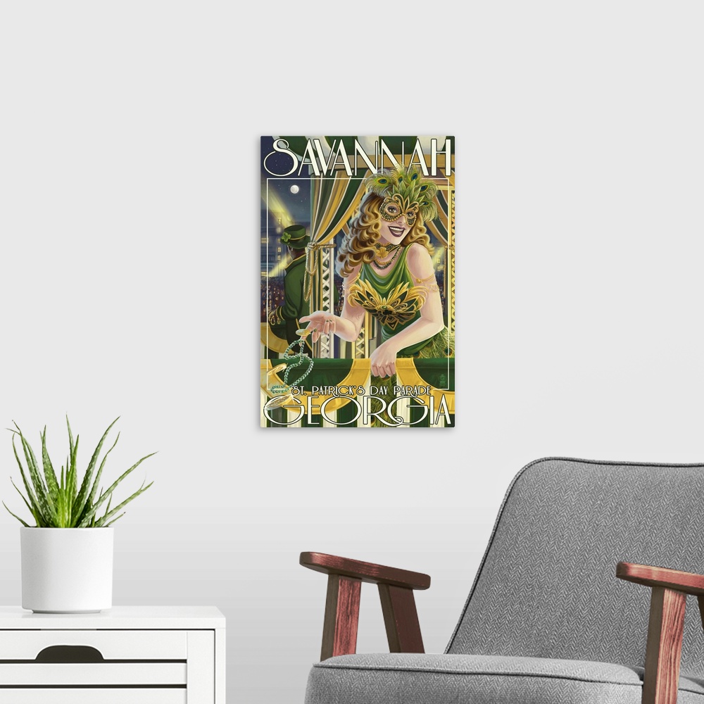 A modern room featuring Retro stylized art poster of a woman dressed in a masquerade costume standing on a balcony.