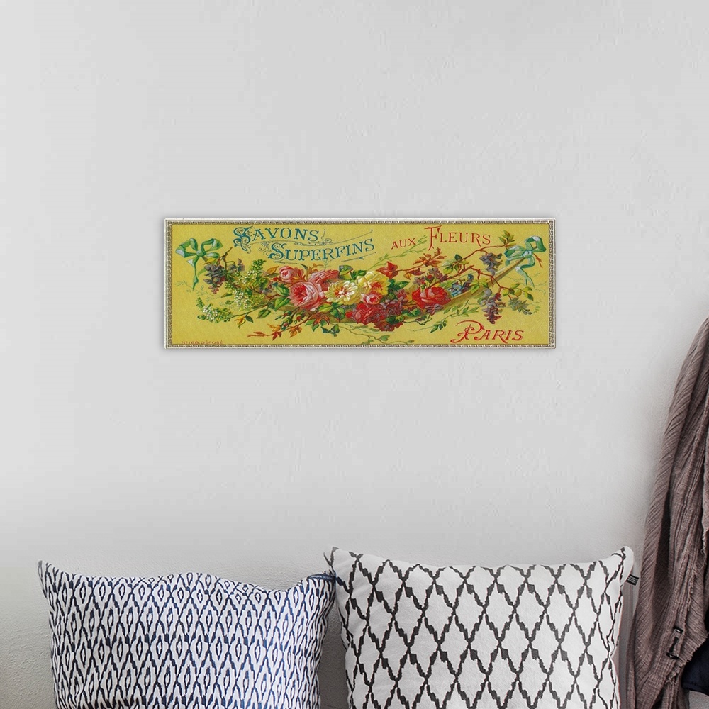 A bohemian room featuring French soap label, Superfine With Flowers brand.