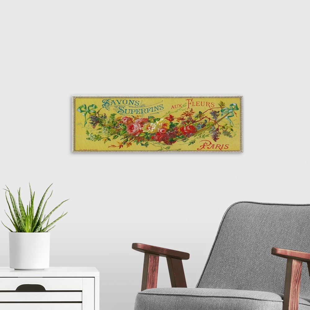 A modern room featuring French soap label, Superfine With Flowers brand.
