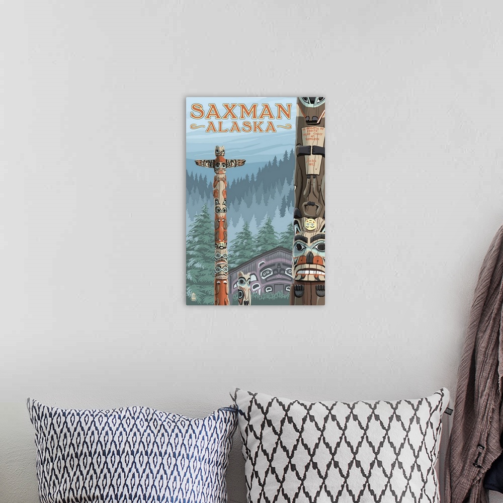 A bohemian room featuring Saxman, Alaska - Totem Scene: Retro Travel Poster