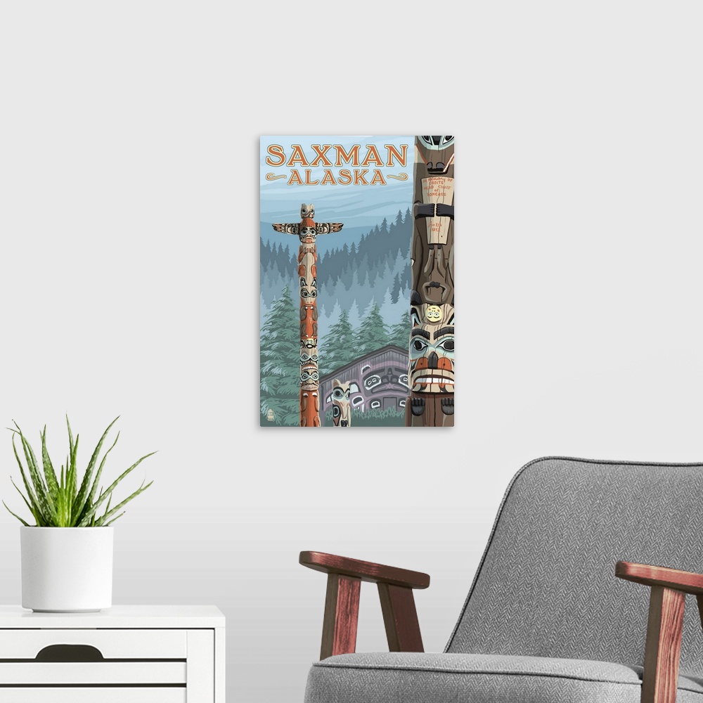 A modern room featuring Saxman, Alaska - Totem Scene: Retro Travel Poster