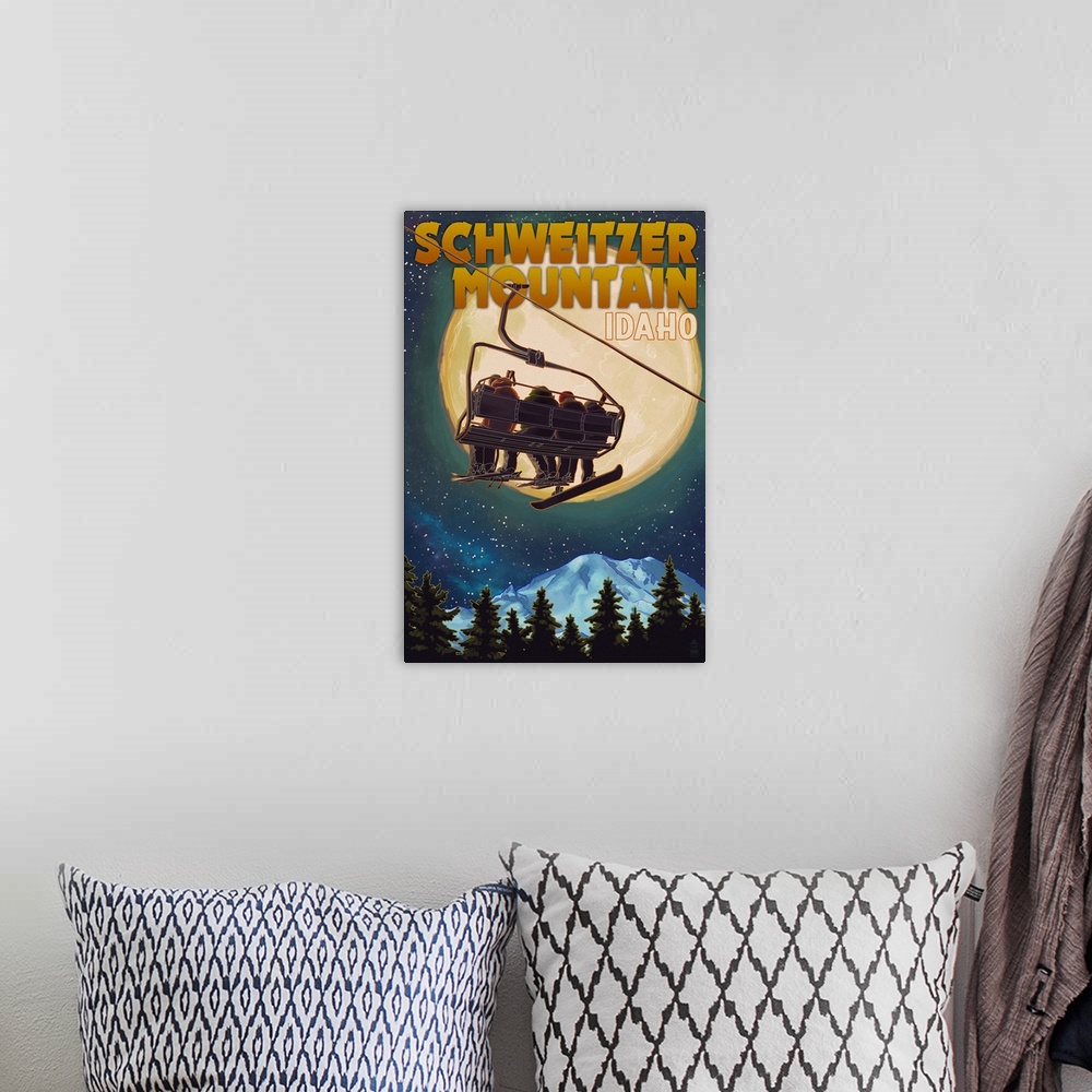 A bohemian room featuring Schweitzer Mountain, Idaho, Ski Lift and Full Moon w/ Snowboarder