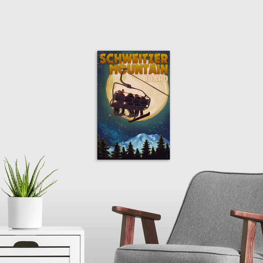 A modern room featuring Schweitzer Mountain, Idaho, Ski Lift and Full Moon w/ Snowboarder