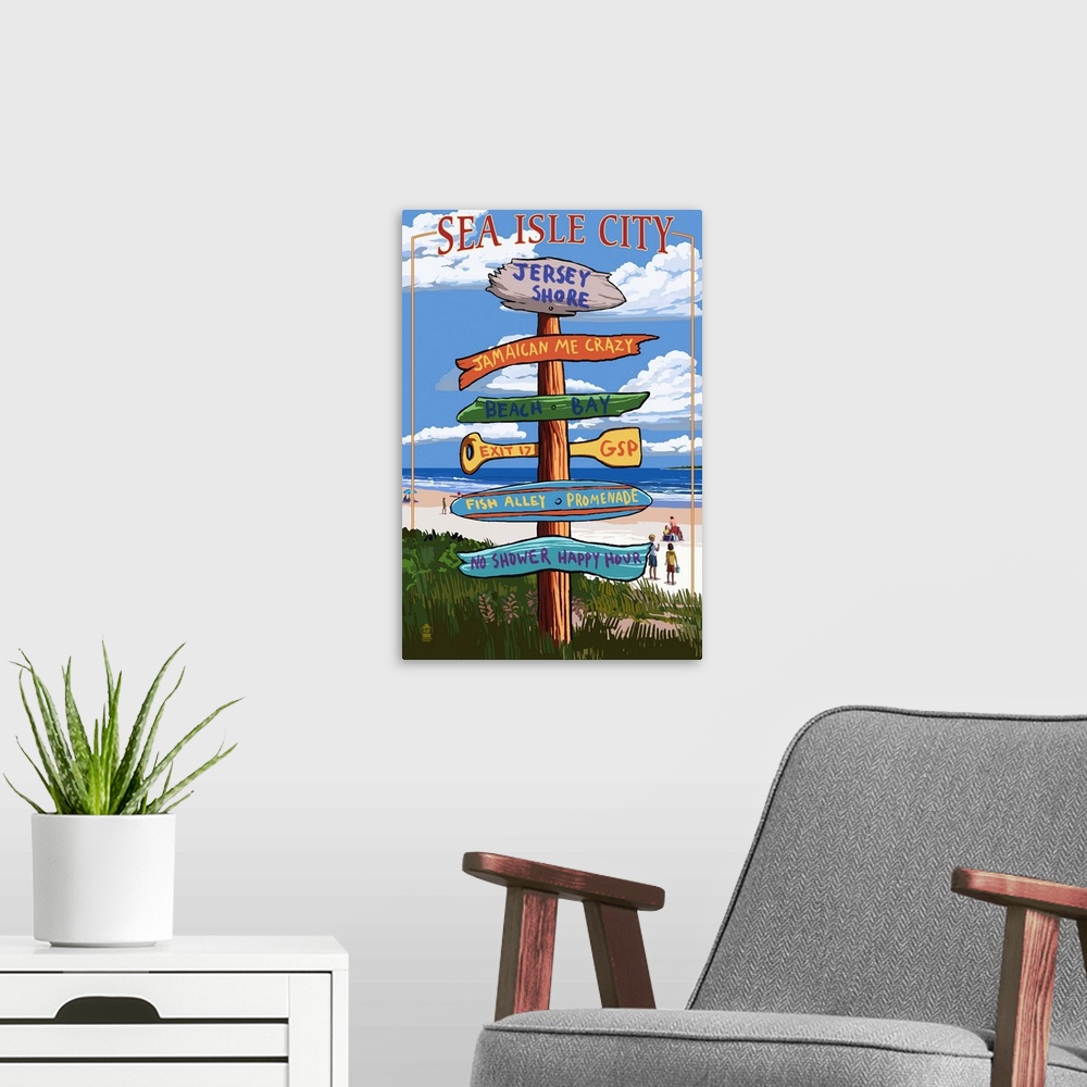 A modern room featuring Sea Isle City, New Jersey - Destination Sign: Retro Travel Poster