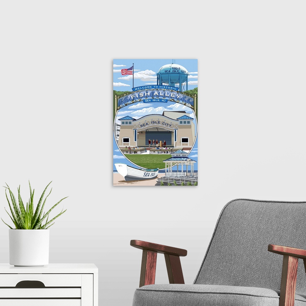 A modern room featuring Sea Isle City, New Jersey - Montage: Retro Travel Poster