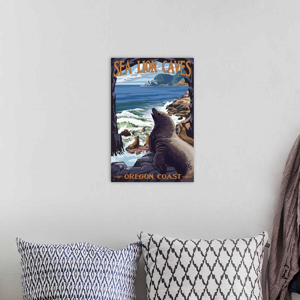 A bohemian room featuring Sea Lion Caves Lookout and Heceta Head Lighthouse: Retro Travel Poster