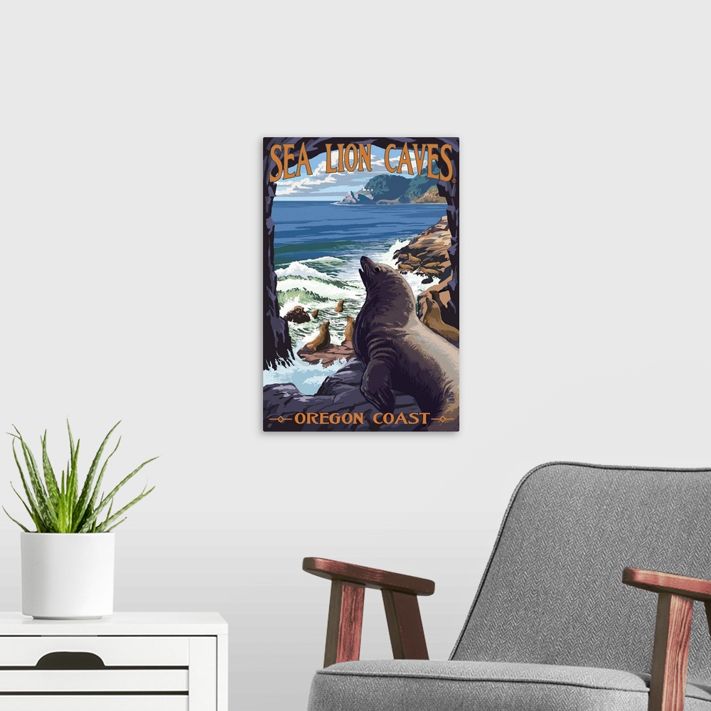 A modern room featuring Sea Lion Caves Lookout and Heceta Head Lighthouse: Retro Travel Poster