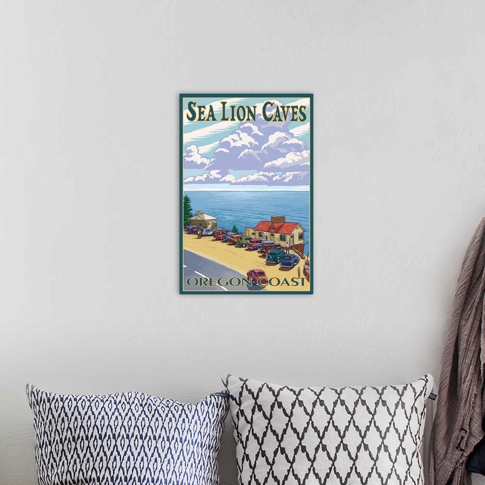 A bohemian room featuring Sea Lion Caves - Oregon Coast: Retro Travel Poster