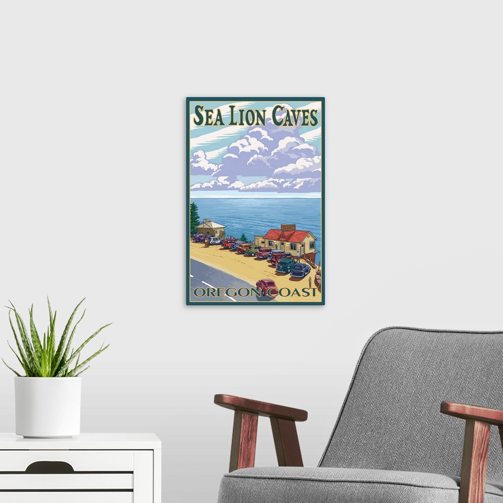A modern room featuring Sea Lion Caves - Oregon Coast: Retro Travel Poster