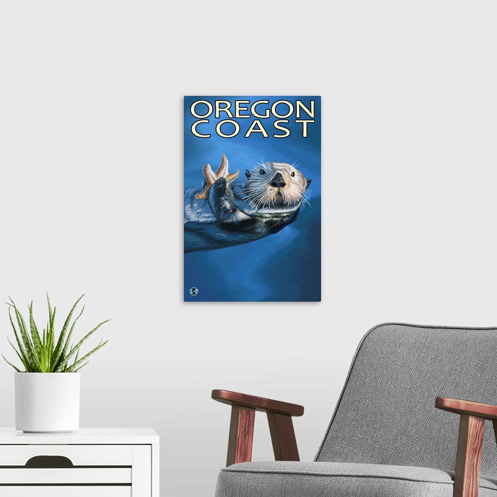 A modern room featuring Sea Otter - Oregon Coast: Retro Travel Poster
