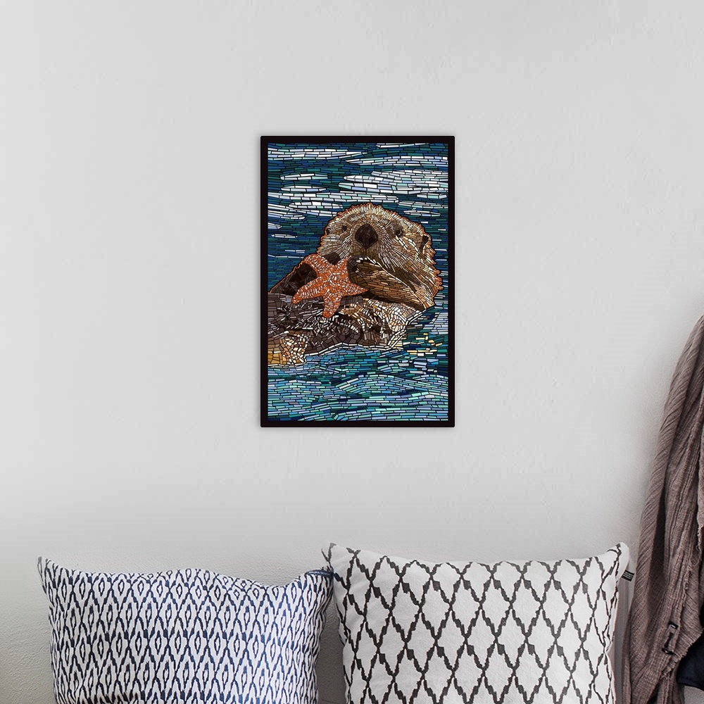 A bohemian room featuring Sea Otter - Paper Mosaic: Retro Poster Art