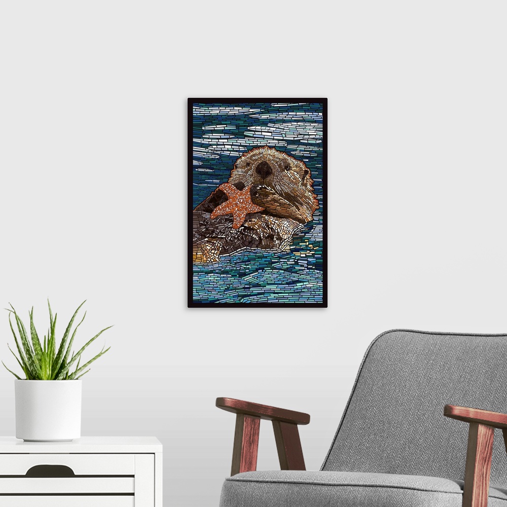 A modern room featuring Sea Otter - Paper Mosaic: Retro Poster Art