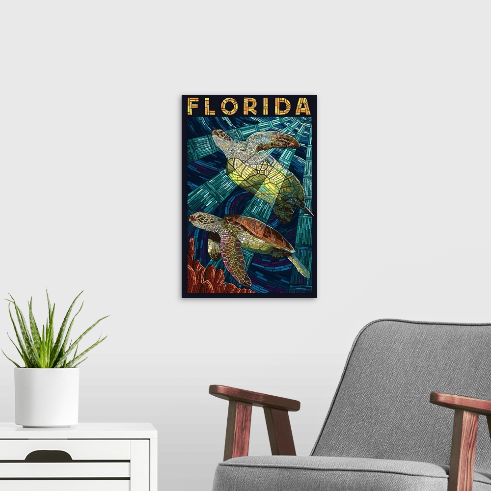 A modern room featuring Sea Turtle Paper Mosaic - Florida: Retro Travel Poster