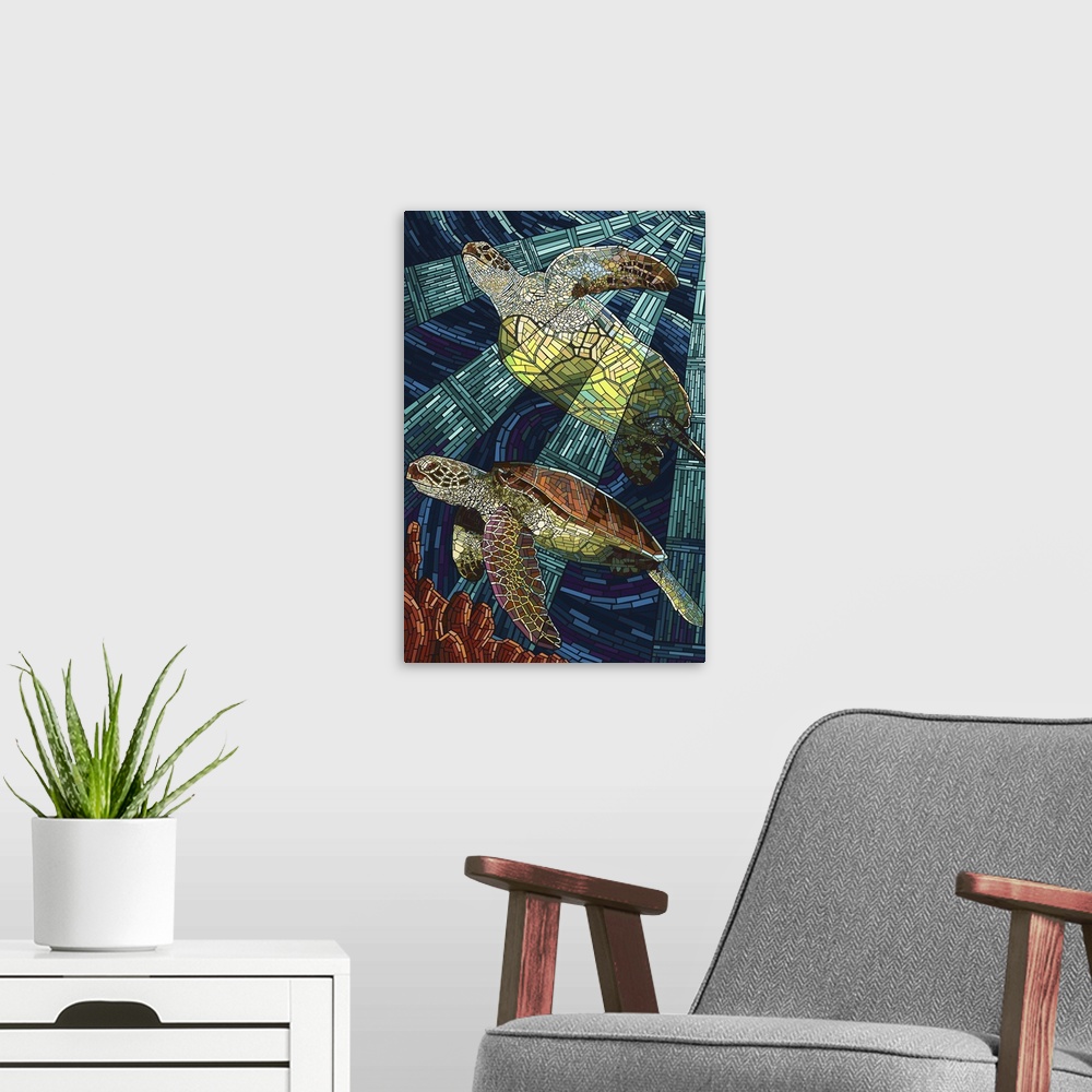 A modern room featuring Sea Turtle - Paper Mosaic: Retro Travel Poster