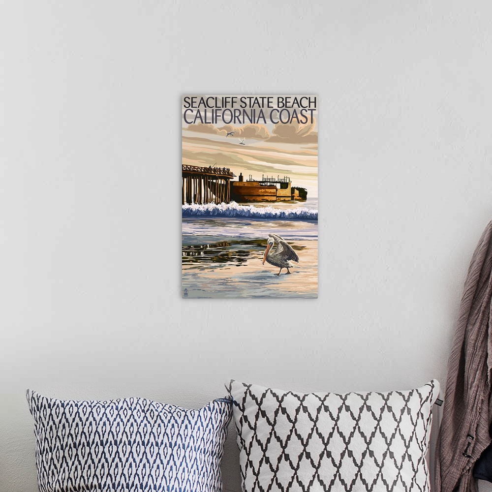A bohemian room featuring Seacliff State Beach, California Coast: Retro Travel Poster