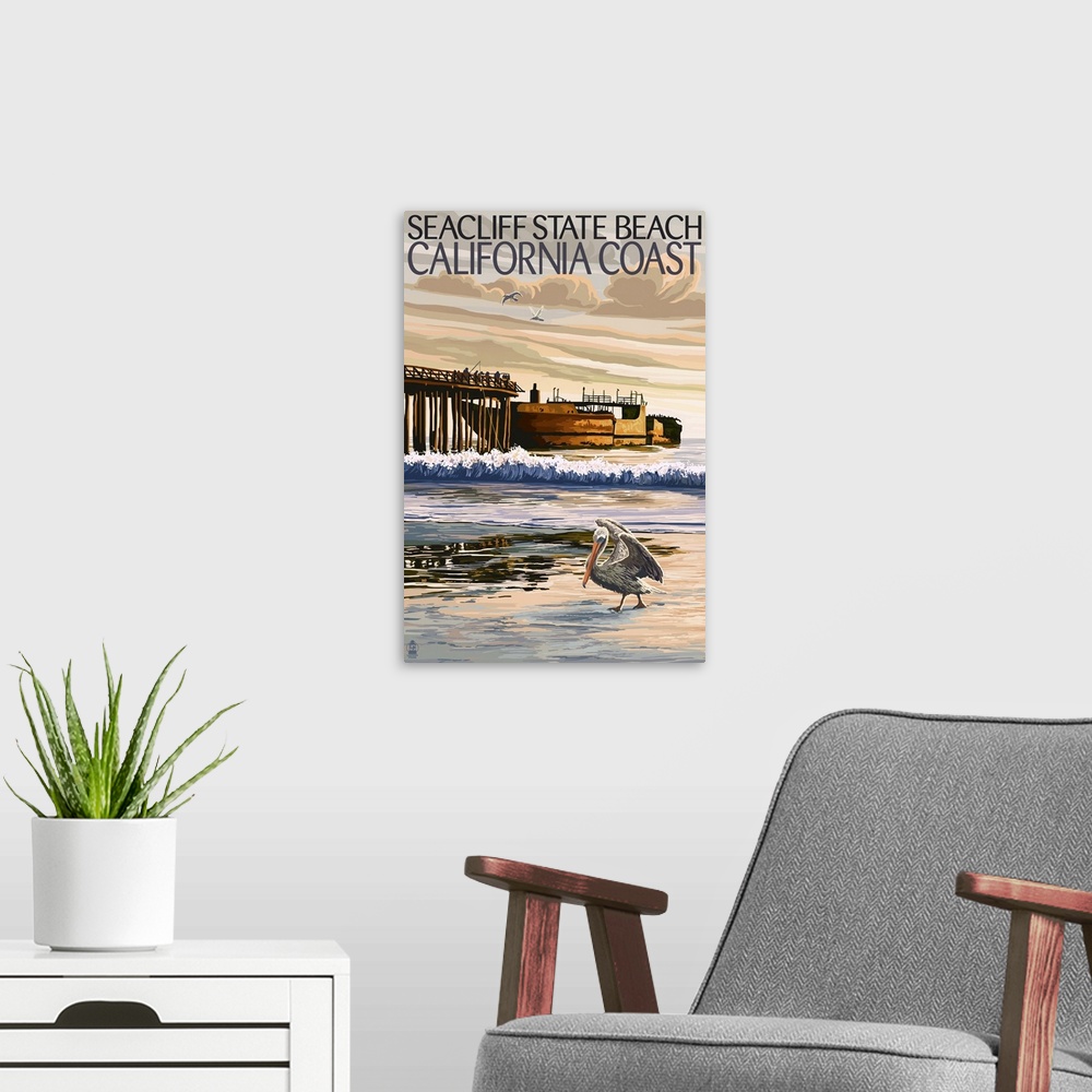 A modern room featuring Seacliff State Beach, California Coast: Retro Travel Poster