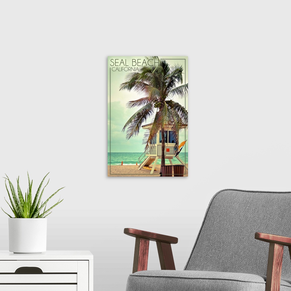 A modern room featuring Seal Beach, California, Lifeguard Shack and Palm