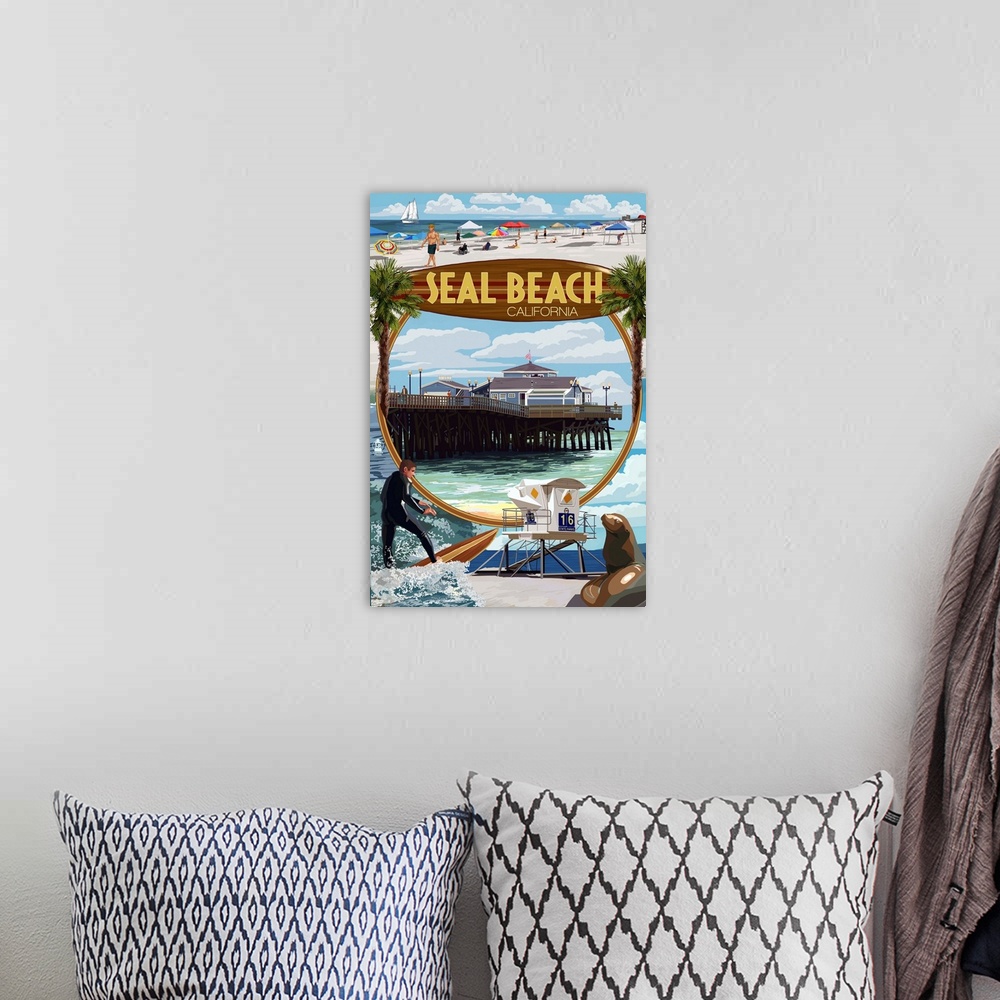 A bohemian room featuring Seal Beach, California - Montage Scenes: Retro Travel Poster