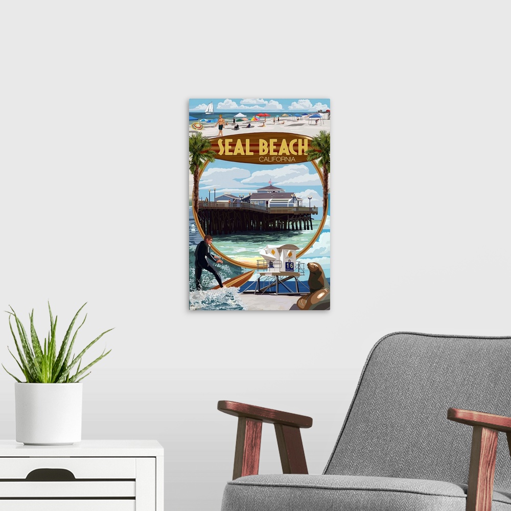 A modern room featuring Seal Beach, California - Montage Scenes: Retro Travel Poster