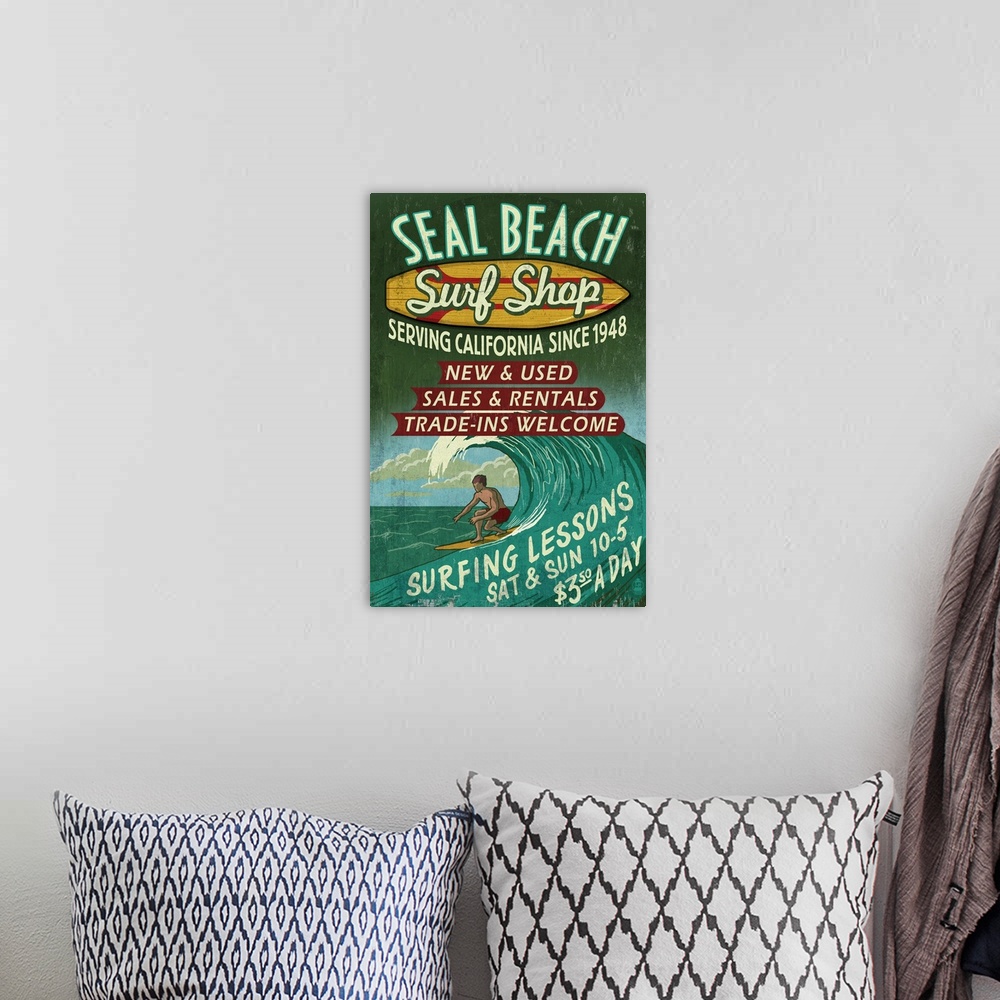 A bohemian room featuring Seal Beach, California, Surf Shop Vintage Sign