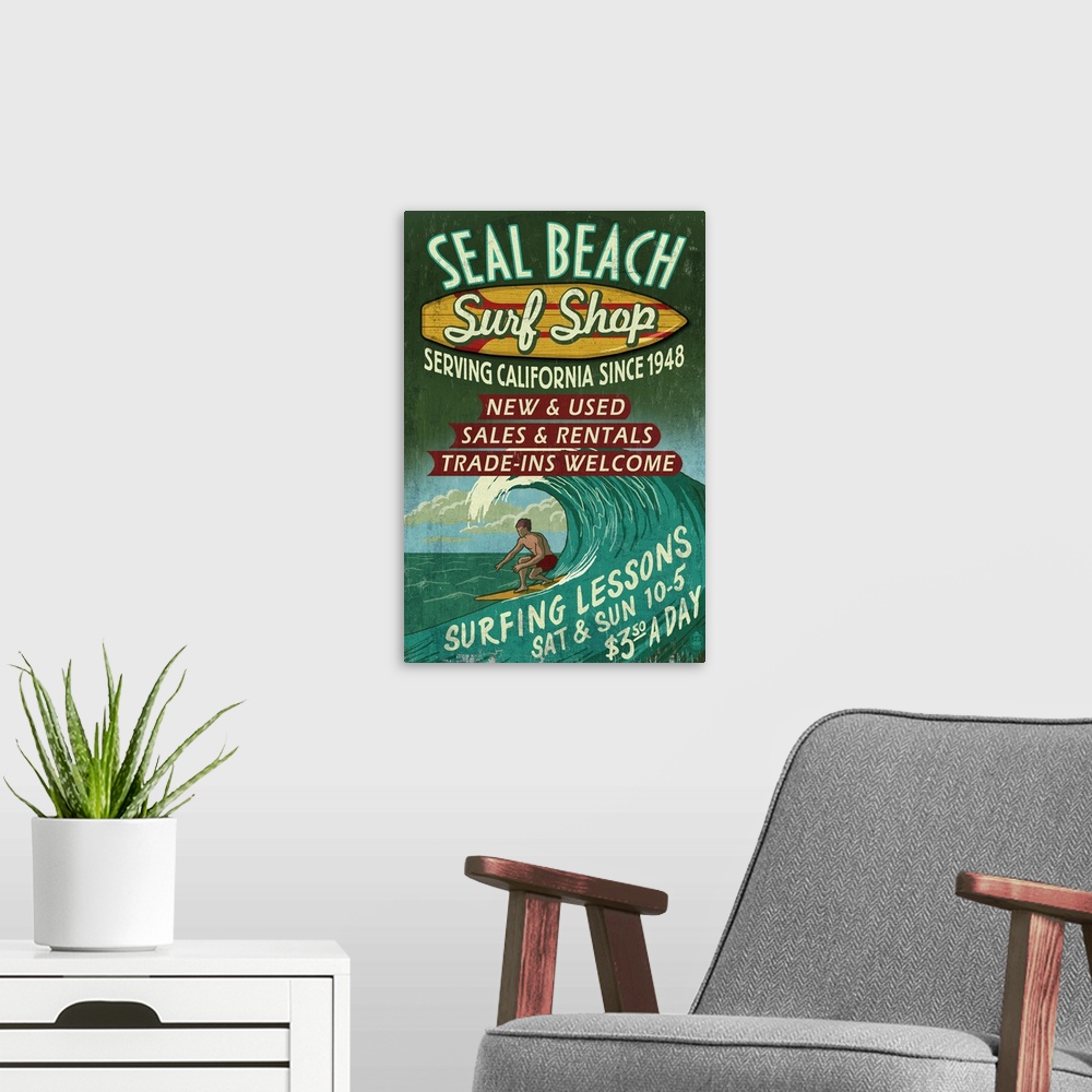 A modern room featuring Seal Beach, California, Surf Shop Vintage Sign