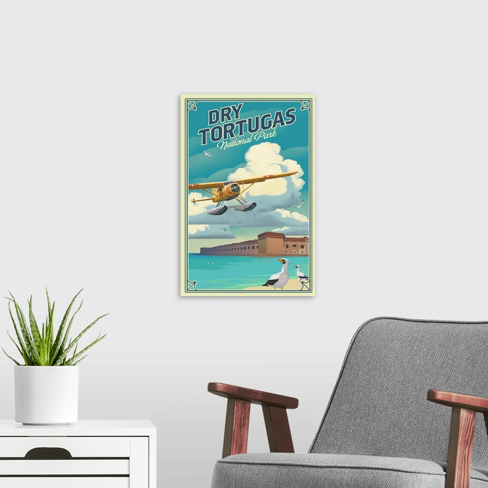 A modern room featuring Seaplane Flying In Dry Tortugas National Park: Retro Travel Poster