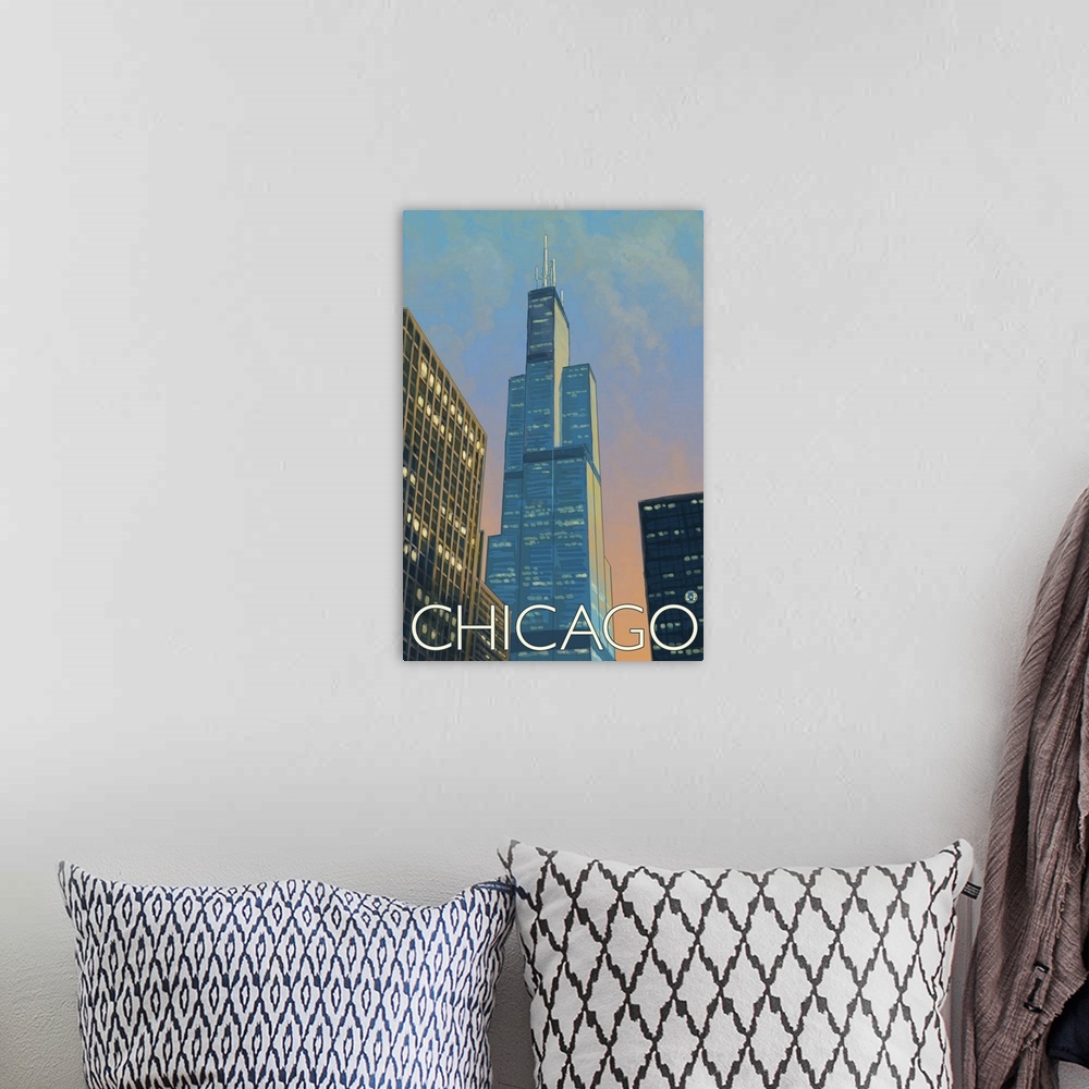 A bohemian room featuring Sears Tower - Chicago, Illinois: Retro Travel Poster