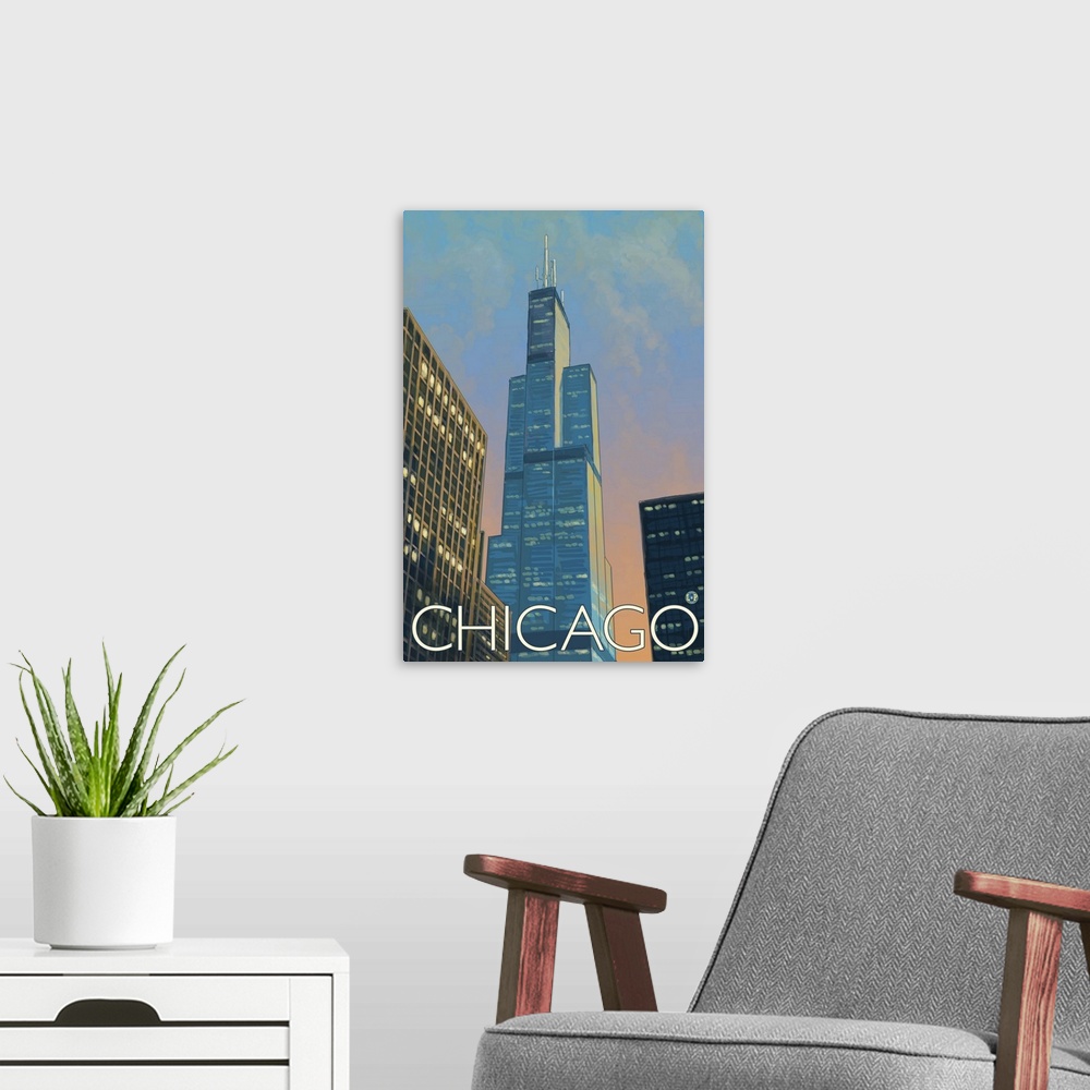 A modern room featuring Sears Tower - Chicago, Illinois: Retro Travel Poster