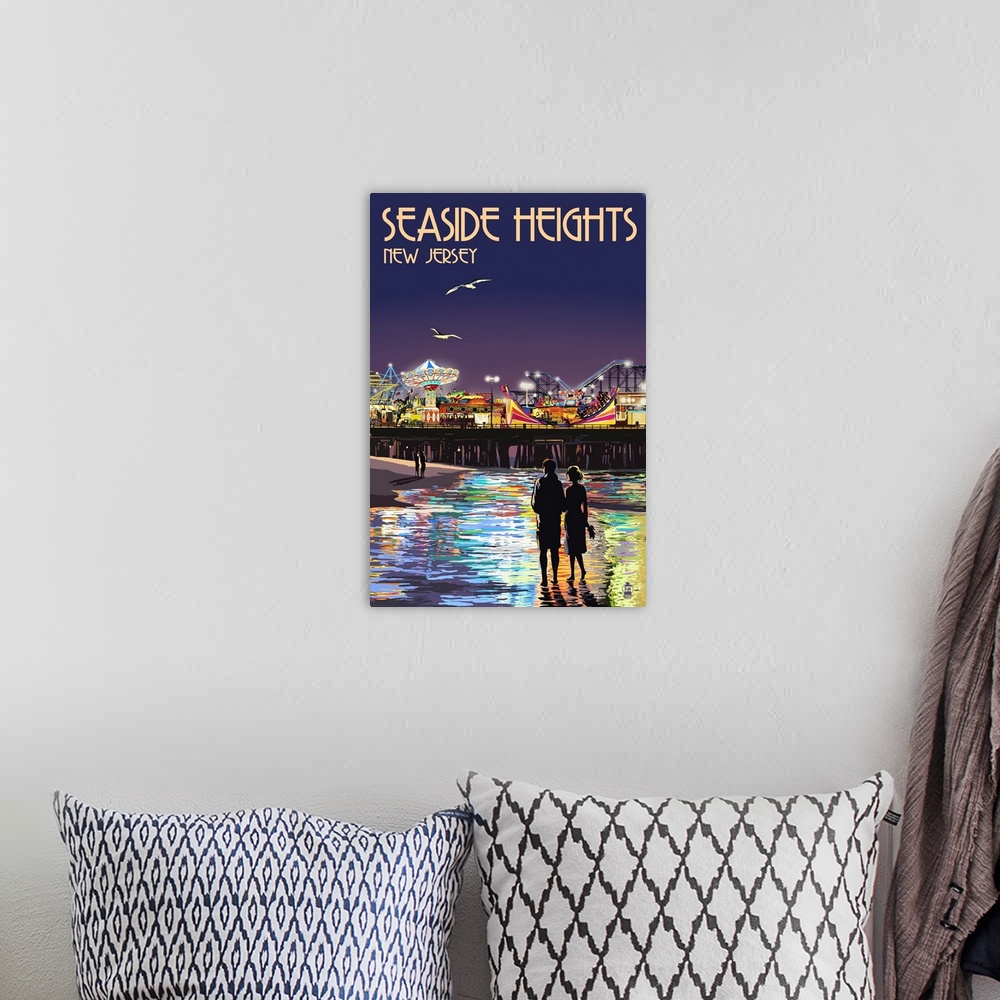 A bohemian room featuring Seaside Heights, New Jersey - Pier at Night: Retro Travel Poster
