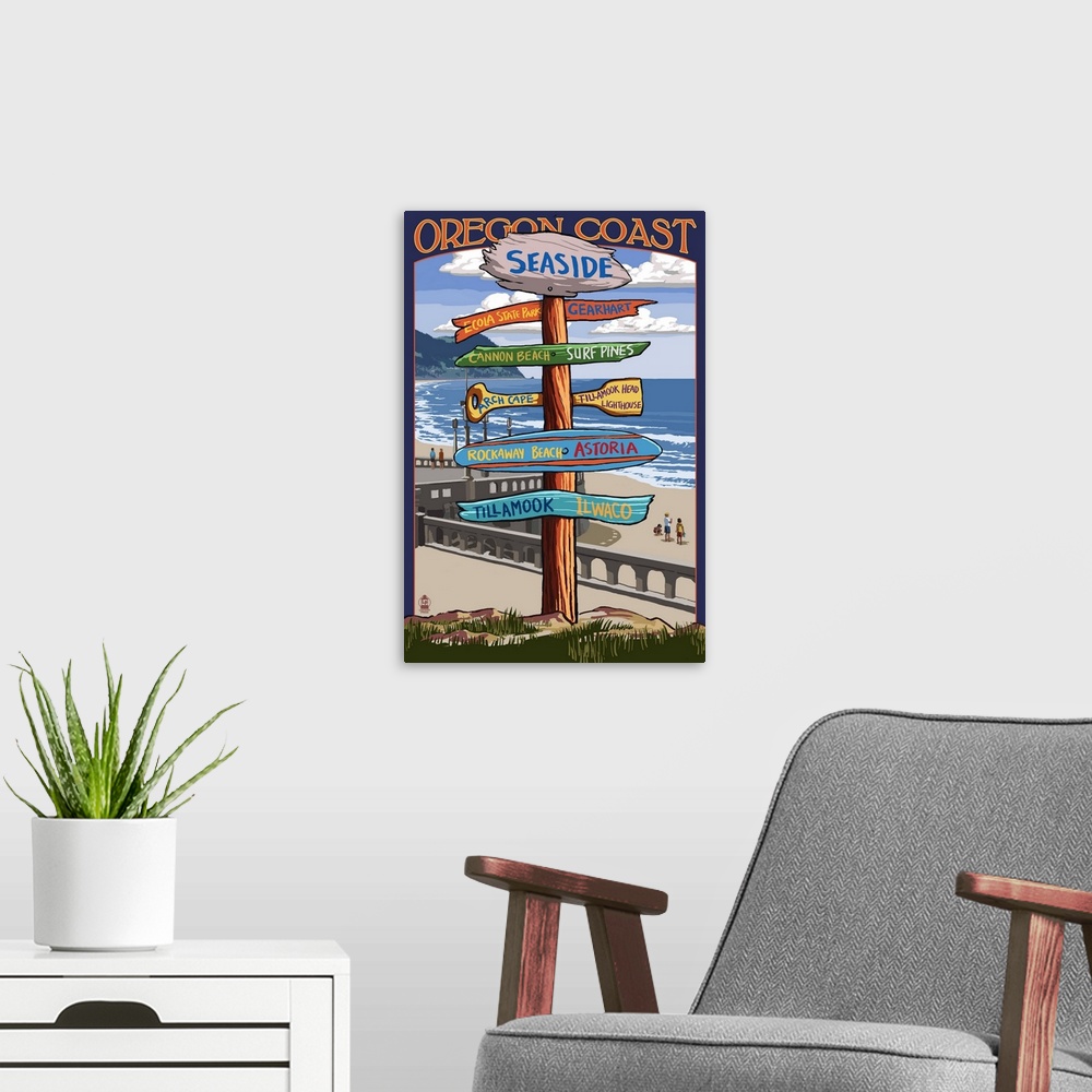 A modern room featuring Seaside, Oregon - Destination Sign: Retro Travel Poster