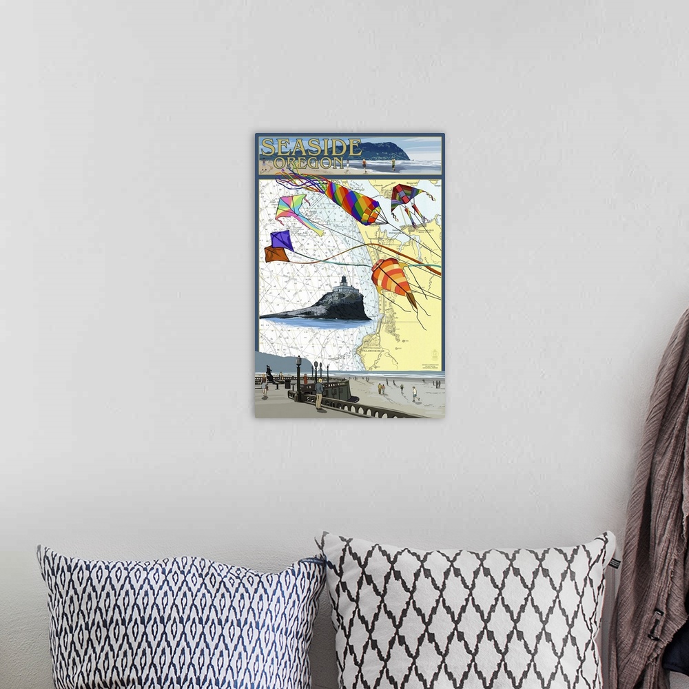 A bohemian room featuring Seaside, Oregon - Nautical Chart: Retro Travel Poster
