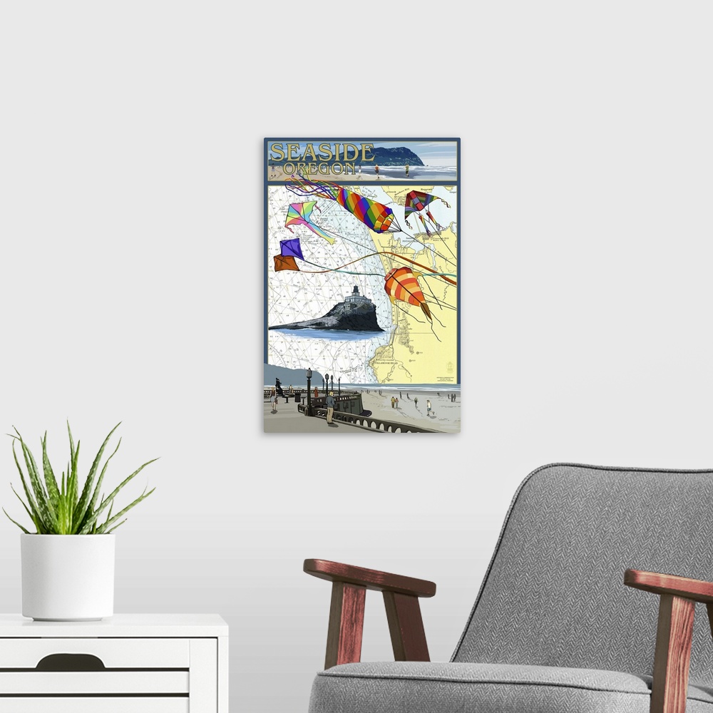 A modern room featuring Seaside, Oregon - Nautical Chart: Retro Travel Poster