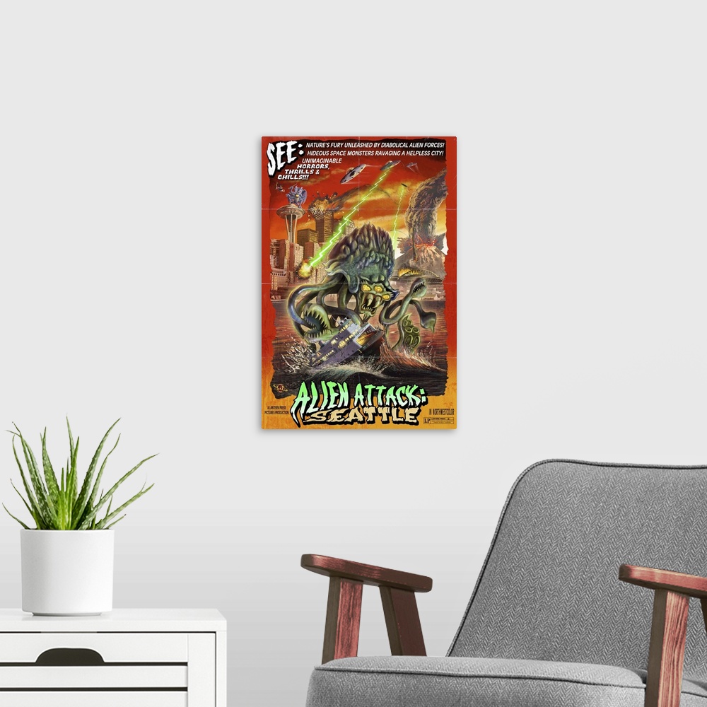 A modern room featuring Retro stylized art poster of a comic book cover showing scenes from Seattle being destroyed by a ...