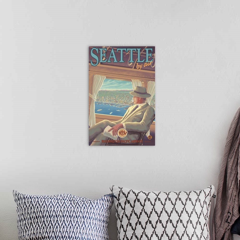 A bohemian room featuring Seattle By Air: Retro Travel Poster