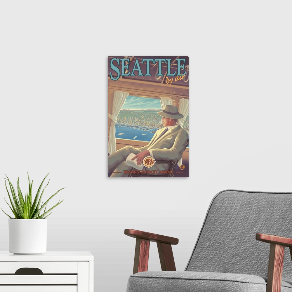 A modern room featuring Seattle By Air: Retro Travel Poster