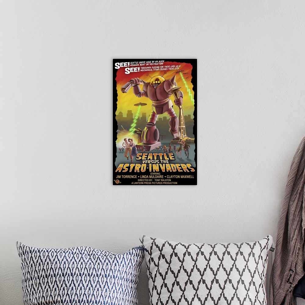 A bohemian room featuring Seattle Versus Astro Invaders: Retro Travel Poster