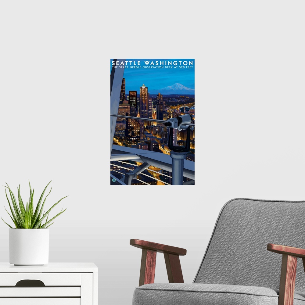 A modern room featuring Seattle View from Space Needle: Retro Travel Poster