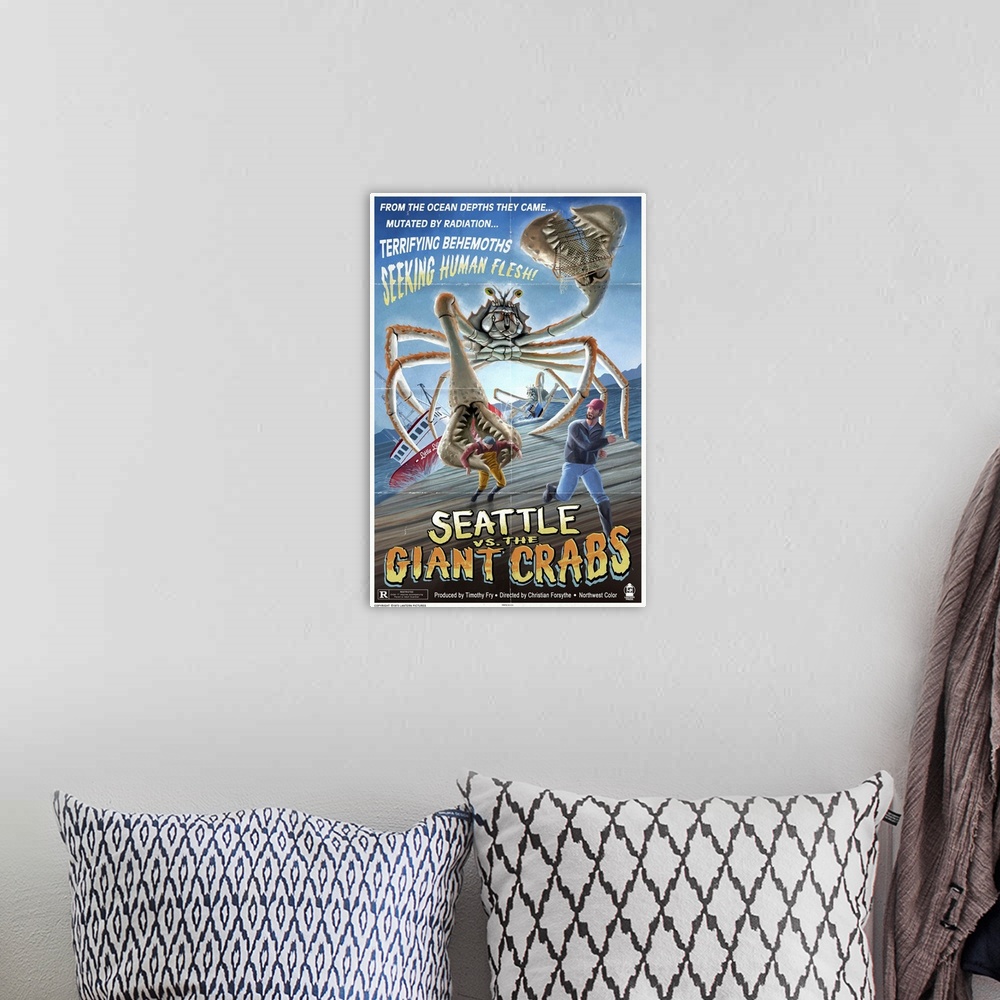 A bohemian room featuring Retro stylized art poster of a giant monster crustacean attacking two fisherman on a dock.