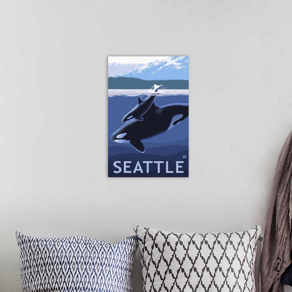 A bohemian room featuring Seattle, WA - Orca and Calf: Retro Travel Poster