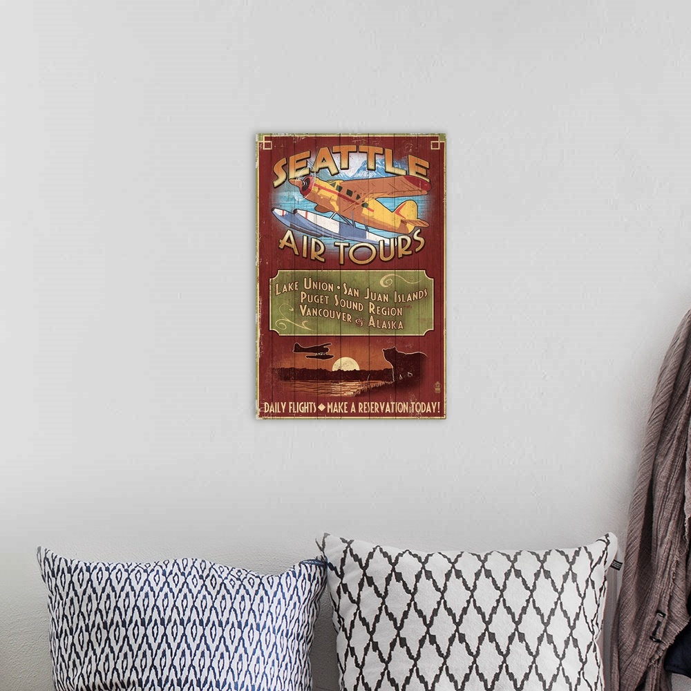 A bohemian room featuring Retro stylized art poster of a vintage sign painted to look like wood planks, advertising a seapl...