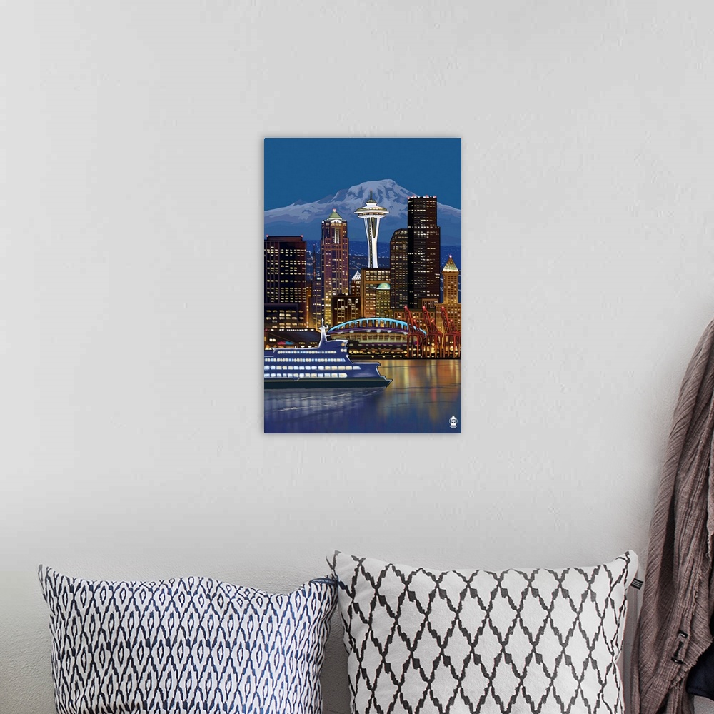A bohemian room featuring Seattle, Washington at Night - Image Only: Retro Poster Art