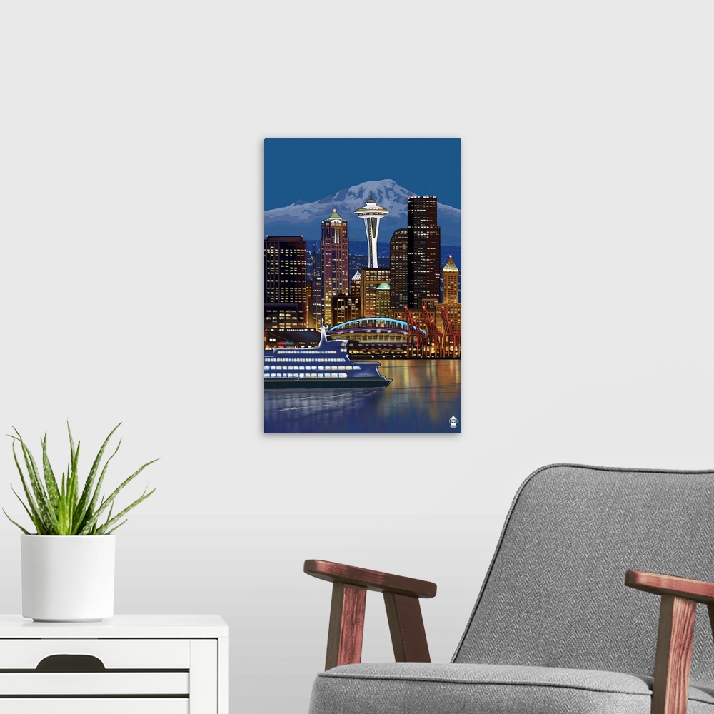 A modern room featuring Seattle, Washington at Night - Image Only: Retro Poster Art