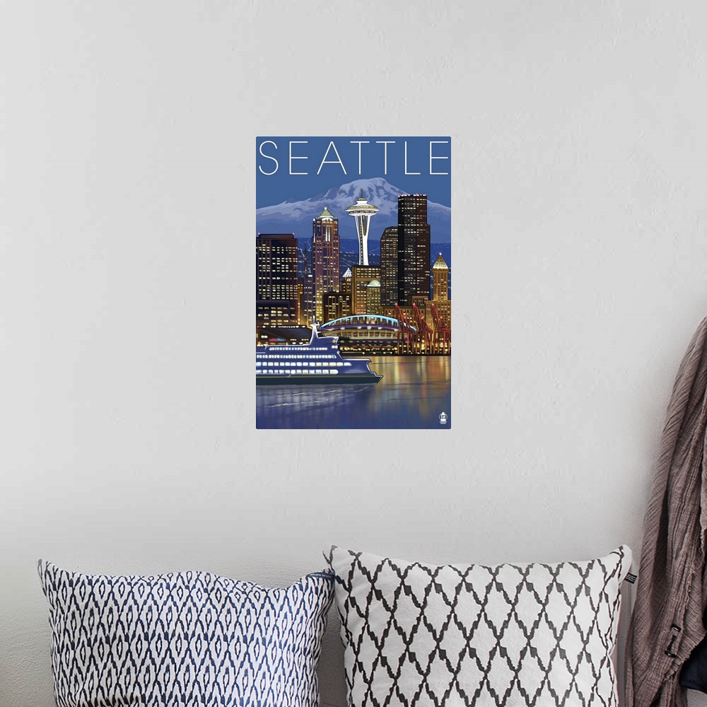 A bohemian room featuring Seattle, Washington at Night: Retro Travel Poster