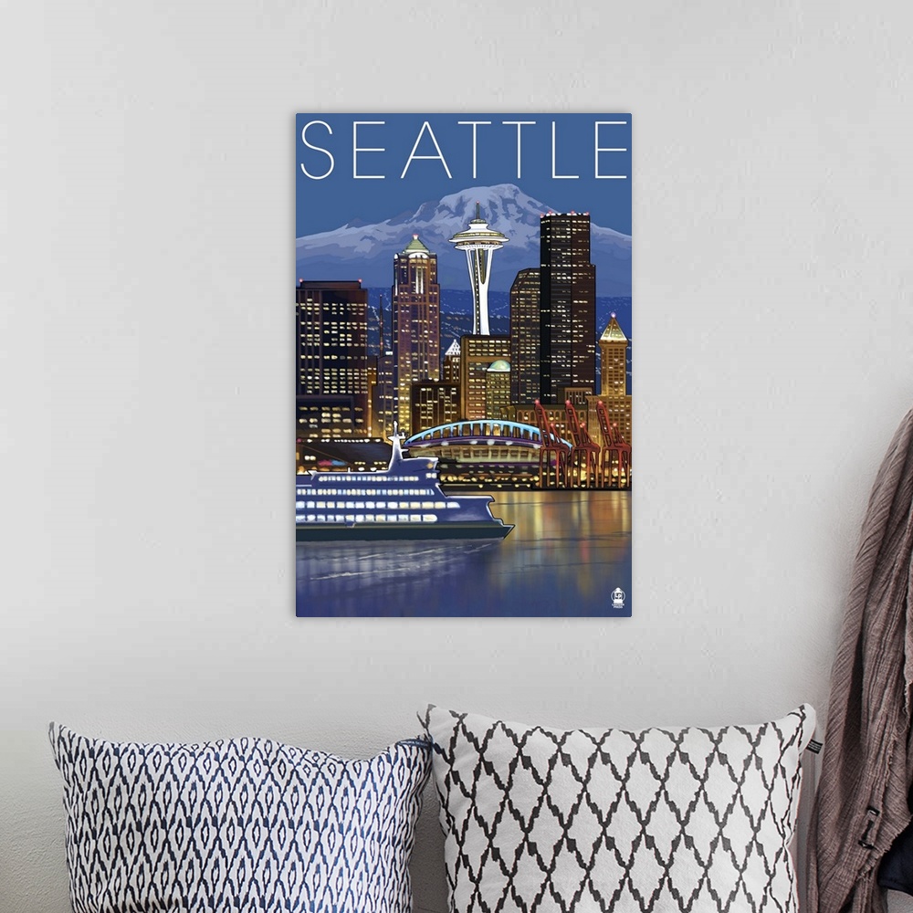 A bohemian room featuring Seattle, Washington at Night: Retro Travel Poster